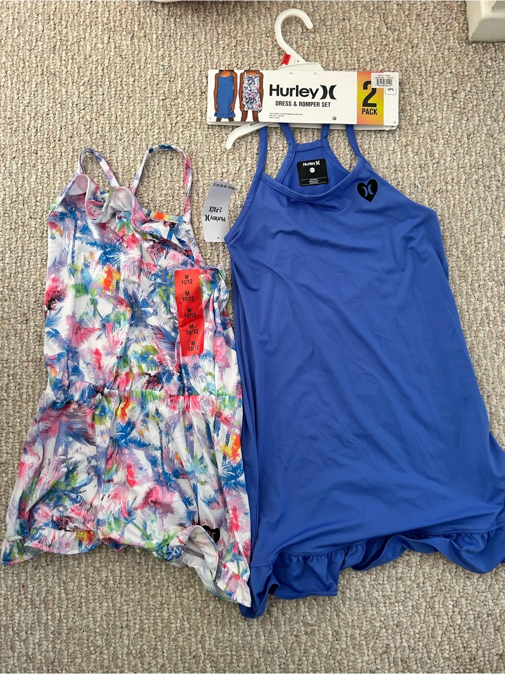 NWT Hurley Blue Solid Romper & Multicolor Tropical-Print Dress Set size M 10/12
